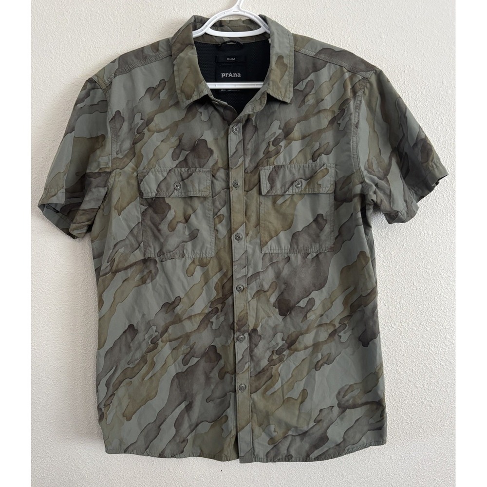 prAna Sutherlin Shirt Mens M Slim Fit Alloy Range Camo Short Sleeve UPF 30+